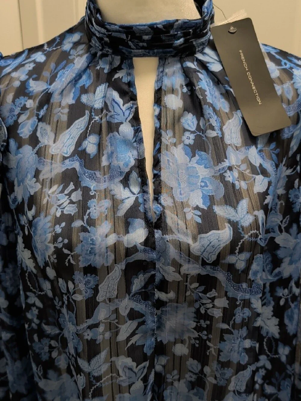 French Connection NWT Size 2  Blue Floral Sheer Long-Sleeve Blouse - Picture 2 of 10